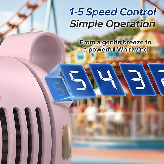 Mini Clip-On Fan with Quiet Operation, 360° Rotation and LED Speed Display, 5 Adjustable Wind Speeds, Ultra Light Portable Personal Fan for Daily Indoor Outdoor Use 1White&1Pink