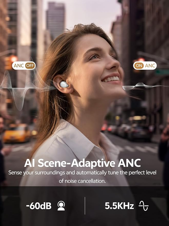 QCY MeloBuds A30 Aadptive Active Noise Cancelling Wireless Earbuds, 8 Mics ENC Clear Call Ear Buds, 60dB ANC Hi-Res Audio Bluetooth 6.0 Headphones, Comfort Lightweight, IPX5 Waterproof Earphone