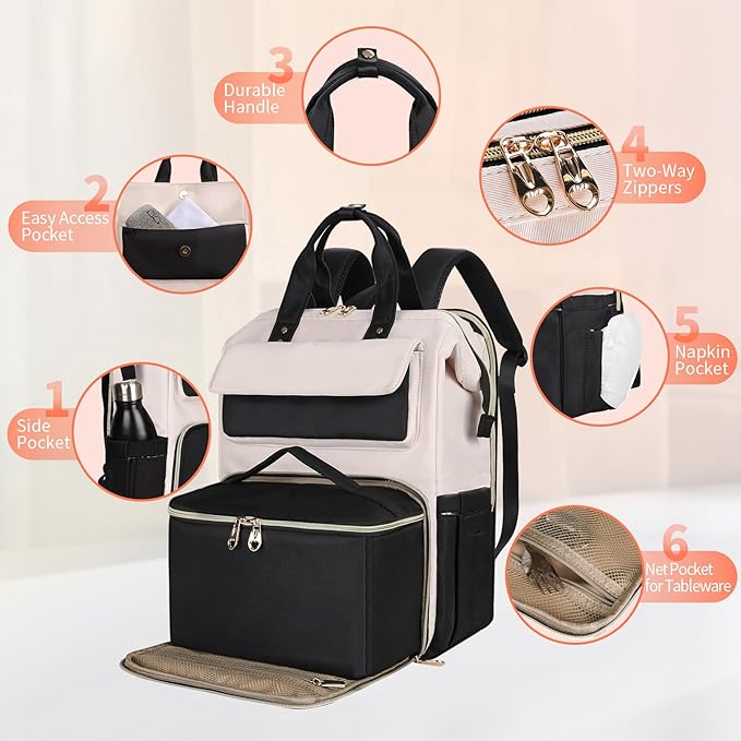 BERTASCHE Lunch Backpack for Women, 17.3 Inch Laptop Backpack with Insulated Cooler Lunch box, Nurse Backpack for Teacher Work Travel College Picnic, Black-Beige