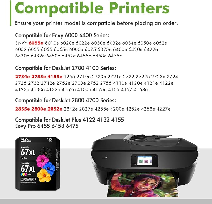 67 67XL Ink Cartridge Black/Color Combo Pack 2800e 2855e Replacement for HP67XL Work for HP Deskjet 2700 2755e 4255e 4155e 2827e 2852e 2700e Envy 6055e 6000 6400 6455e Printer (1 Black,1 Tri-Color)