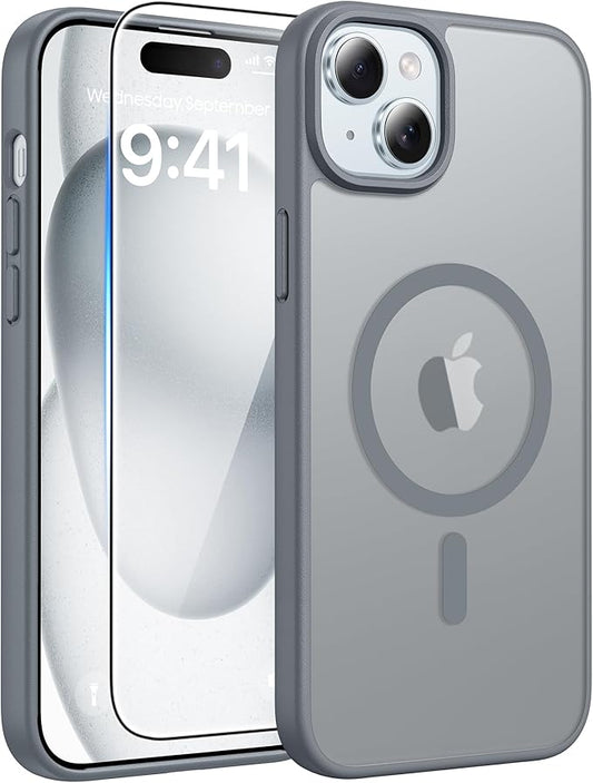 FNTCASE for iPhone 15 Case: for iPhone 14 Case & iPhone 13 Case [Compatible with Magsafe] Translucent Matte Cases with [Screen Protector] Military Grade Shockproof Protective Phone Cover - Gray