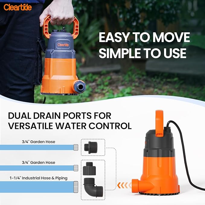 Cleartide Submersible Utility Water Pump, 2160 GPH Portable Sump Pump with Copper Motor, Plug and Work for Pond, Garden Watering, Pool Transfer, or Hot Tub Emptying
