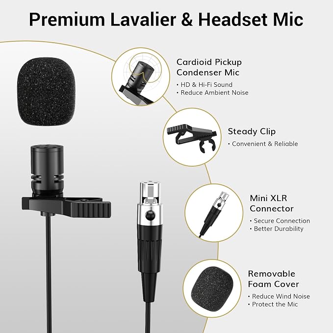 TONOR UHF Wireless Microphones System with Headset/Lavalier Lapel Mics, Bodypack Transmitter, Receiver, 4 * 10 Channels, 90 m/295ft Range for Live Singing Karaoke Church Party DJ, 4 Bodypack Mics