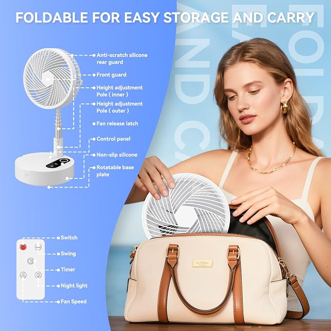 9.5" Portable Standing Oscillating Fan with Remote - 10000mAh Rechargeable Battery Tall Floor Foldable Travel Fan for Sleeping - Pedestal Stand up Folding Fan for Home Bedroom (White)