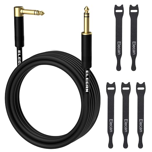 Elecan 1/4 Inch TRS Instrument Cable 75 Ft- Right Angle to Straight 6.35mm Male Jack Stereo Audio Interconnect Cord- Gold Plated- 90 Degree 6.35 mm Balanced Line for Electric Guitar Bass+ 5 Ties