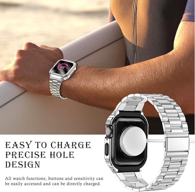 MioHHR Stainless Steel Band and Case Compatible with Apple Watch Band 42mm Series 11 10, Men Metal Protective Bumper Cover for iWatch 42mm Series 11/10, Silver