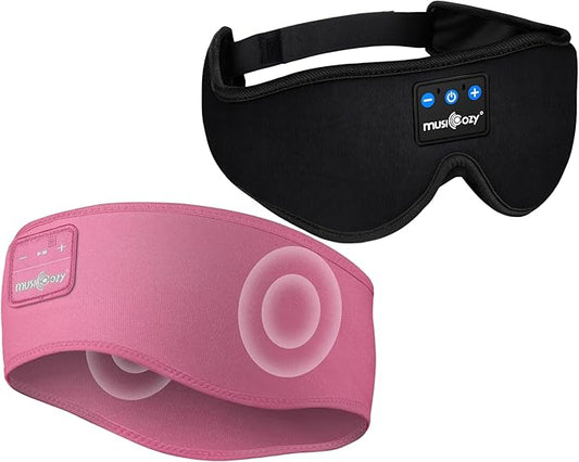 MUSICOZY Sleep Headphones Bluetooth Wireless Sports Headband, Sleeping Eye Mask Earbud for Side Sleepers Air Travel Meditation, Black Mask & Gray Headband, Pack of 2