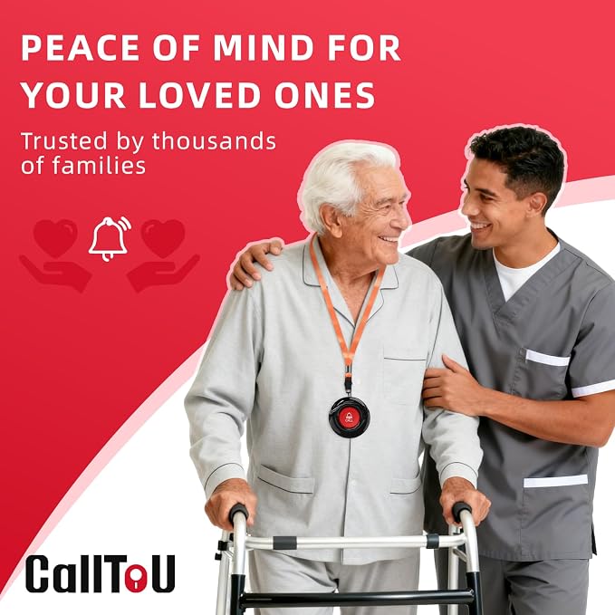 CallToU Caregiver Pager Wireless Call Button for Elderly at Home, 500+ ft Open Area Long Range Through Walls, 2 Plug-in Receivers and 4 Waterproof SOS Buttons, Multi-Room Care