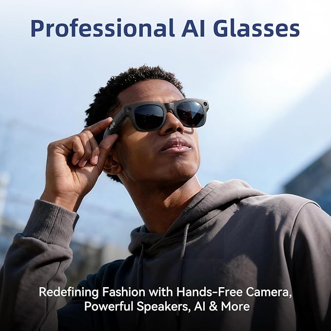 AI Smart Glasses with HD Camera, BT Call, 8MP Anti-Shake Camera Glasses with 1080P Video Recording Dual Mic, Simultaneous Interpretation/GPT Identify Objects, Black Lens