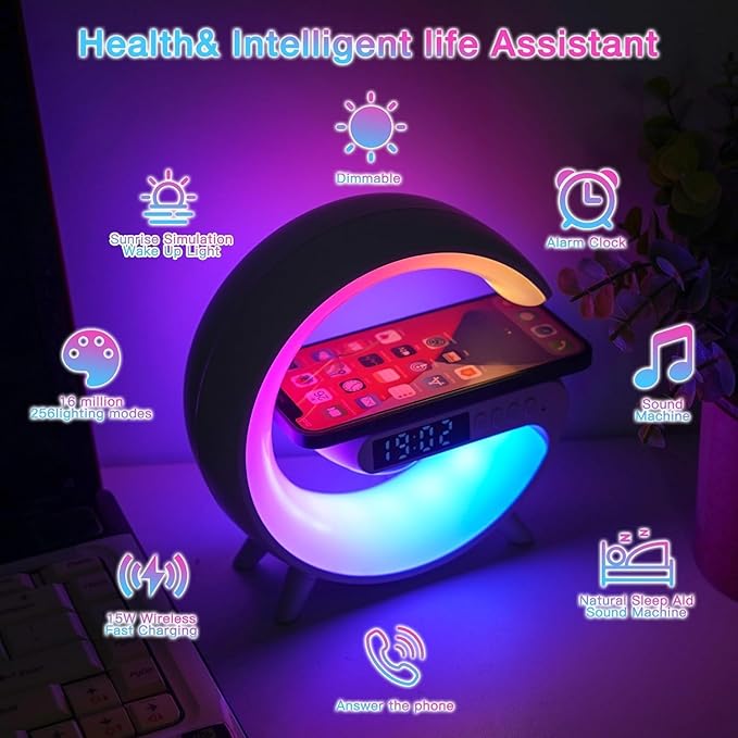 LeeNabao 2025 New Wireless Speaker Charger,Atmosphere Bedside Light with Wireless Charging Station,Music Lit Lamp 4 in 1 Alarm Clock Idea for Family (Black)