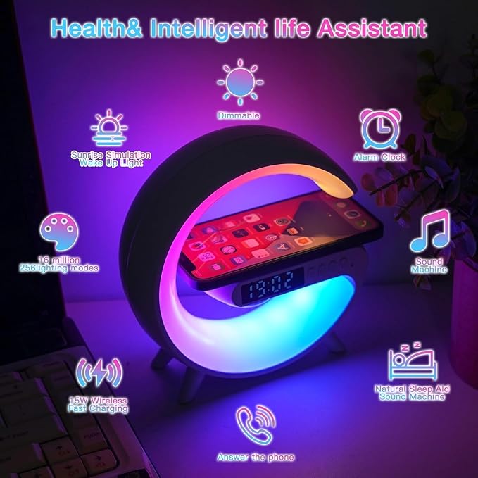 Mini Smart LED Table Lamp, 4-in-1 Wireless Charger, Wireless Charger with Speaker,Night Light, Alarm Clock, and Bluetooth Speaker for Bedroom and Home Decor (Black)