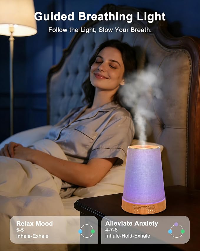 Marchred 150ml Cordless Fabric Essential Oil Diffuser with Guided Breathing Light, Portable Aroma Diffuser with Rechargeable Battery, 7-Color LED & Warm Night Light for Home, Meditation & Relaxation
