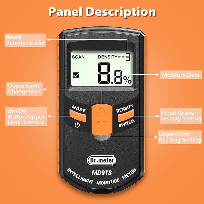 Dr.meter Pinless Wood Moisture Meter, Non-Destructive Moisture Detector for Wood Firewood, 4%-80% Measuring Range Digital Sensor Scanner (MD918)