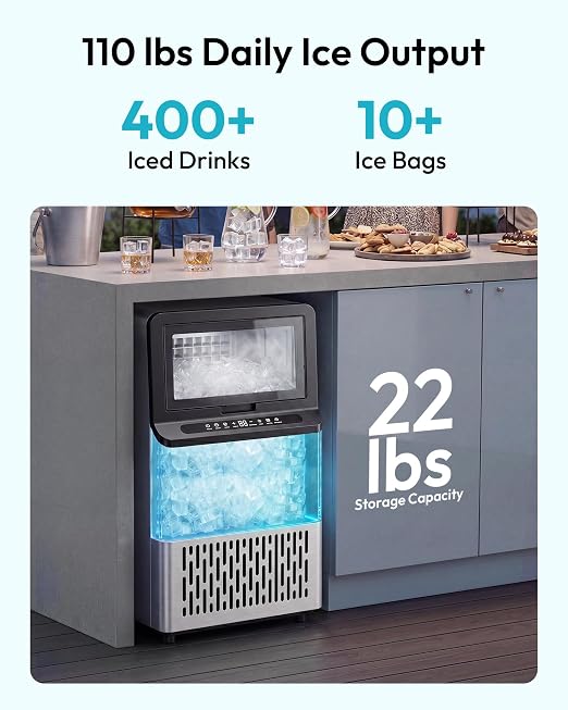 EUHOMY Commercial Ice Maker Machine, 110lbs/24H, Stainless Steel Under Counter Ice Maker with 22lbs Storage, Self-Cleaning, Freestanding Ice Machine for Home/Bar/Cafe/Restaurant