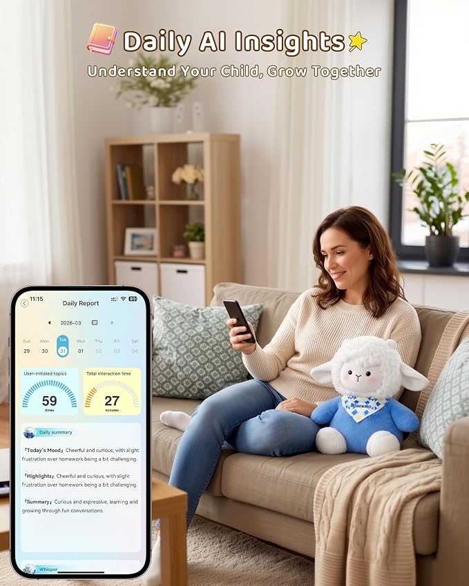 blurams Baamy AI Talking Plush Toy for Kids, Interactive Lamb Stuffed Animal with Real-Time Voice Chat, Memory & Emotional Companion, Squeeze-to-Talk, Rechargeable, Soft Gift for Boys & Girls Age 3+