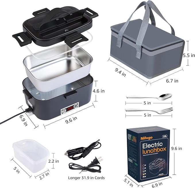 Nifogo Electric Lunch Box for Adults 100W with Temperature Display Heated Lunch Box for Men 1.8L Stainless Steel Container with Bag 12V/24V/110V for Car/Truck/Work
