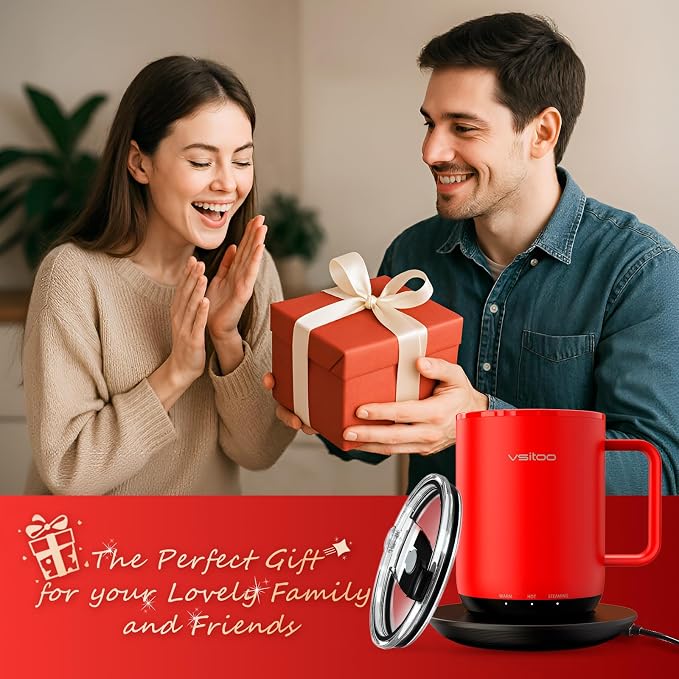 VSITOO S3 Plus 14oz Self Heating Coffee Mug with Auto-Sensing AI - Smart Rechargeable Heated Mug, Temperature Control 120-150℉, IPX7 Waterproof, Coffee Warmer Gift for Women Men- Red