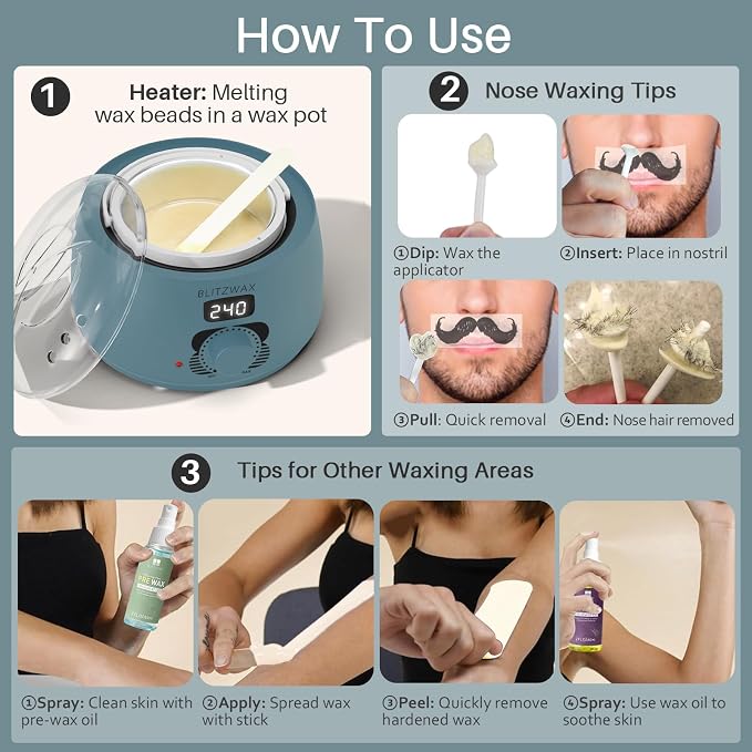 BLITZWAX Back and Nose Waxing Kit for Men, Hard Wax Warmer for Brazilian, Body and Face, At Home Hair Removal Kit, Beginner Friendly, Quick Heating, 93 Accessories, Blue Spruce