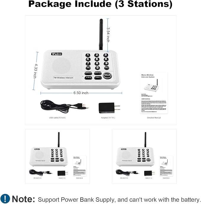 Wuloo Intercoms Wireless for Home 5280 Feet Range 10 Channel 3 Code, Wireless Intercom System for Home House Business Office, Room to Room Intercom, Home Communication System (3 Packs, White)