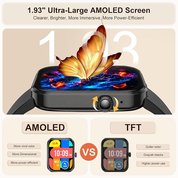 Smart Watch for Men Women, Bluetooth Calling Smartwatch, 1.93" AMOLED Fitness Tracker with Heart Rate, Sleep & SpO2 Monitor, 123 Sports Modes, Voice Control, Long Battery Life for Android iPhone