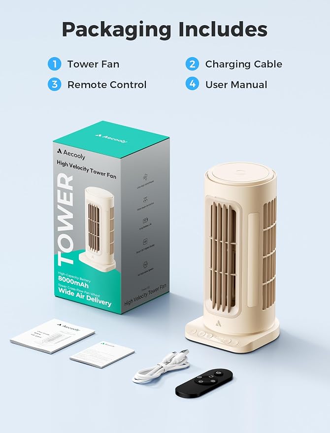 Aecooly Powerful Tower Fan for Bedroom,8000mAh Battery, 21H Max Cooling with Remote Control, 100 Speeds, 1-12H Timer, 60° Oscillation,11 Inch Portable Desk Fan for Home,Office - Beige