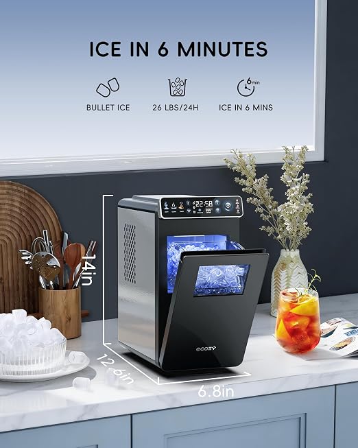 ecozy Ice Makers Countertop, Ultra Slim Design with Full-Color Panel, Internal Lights, 26 lbs/24H, Timer Ice Making, Two Ice Sizes, Portable Self-Cleaning Ice Machine for Home/Kitchen/RV