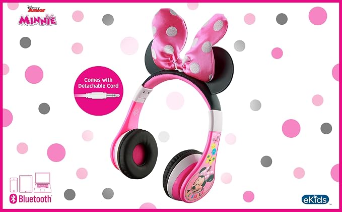 eKids Minnie Mouse Kids Bluetooth Headphones, Wireless with Microphone Includes Aux Cord, Volume Reduced Foldable Headphones for School, Home, or Travel, Pink