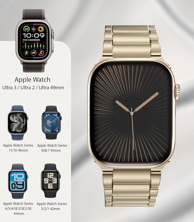 Titanium Band Replacement Compatible with Apple Watch Band Ultra 3 Ultra 2/Ultra 49mm,iWatch Series 11/10 46mm,9/8/7 45mm,SE3/SE2/SE/6/5/4 44mm,3/2/1 42mm, Titanium Watch Band, Champagne Gold