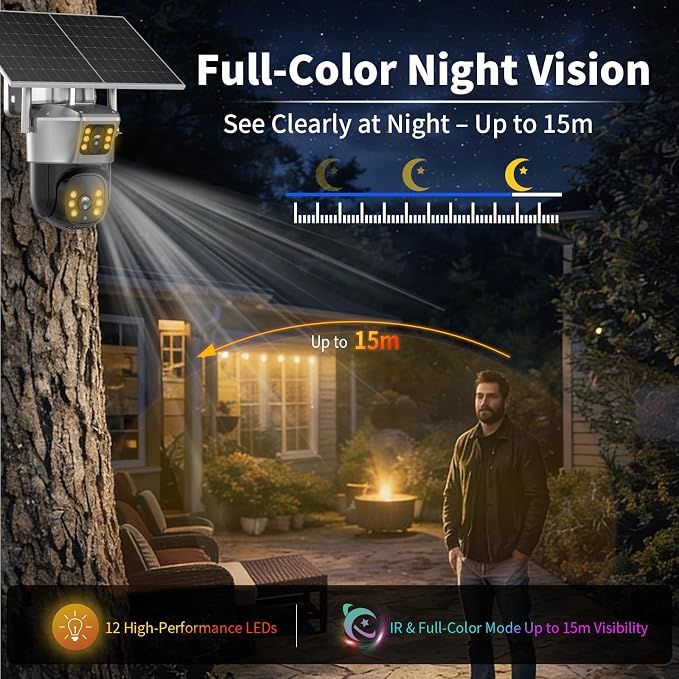 4G Solar Security Camera, 2K Dual-Lens Outdoor Camera Wireless with Human Detection, Two-Way Audio & Color Night Vision, 10400mAh Battery Powered Cameras, Cloud & SD Storage, Compatible with Alexa