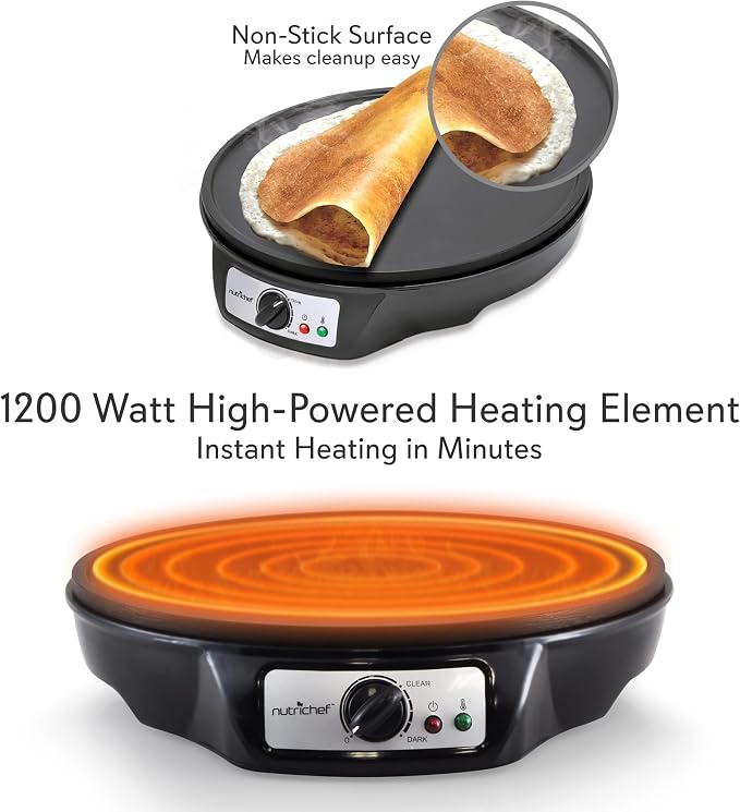 NutriChef Crepe Maker - Cooks Bacon, Roti, Tortillas & Omelets - Easy to Clean Detachable Cooktop - 12 inch Cook Area with Adjustable Temperature - Includes Wooden Spatula & Batter Spreader