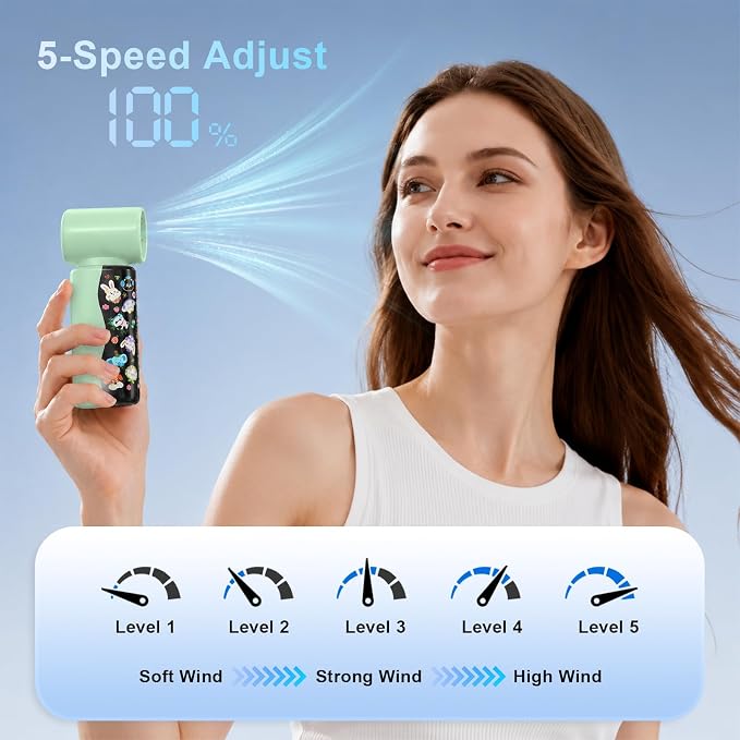R-fun Colorful Handheld Mini Fan M126, 18000 RPM High-Speed Turbo Personal Fan, Rechargeabl Portable Fan, Flexible Curved Color Screen, Travel Essentials, Summer Gifts for Women and Men, Green