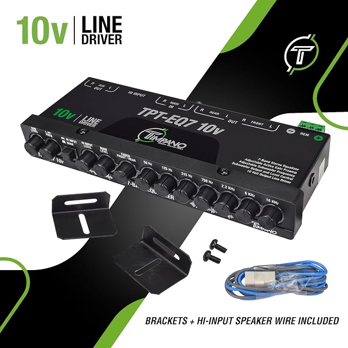 Timpano 7 band equalizer TPT-EQ7 10V High Voltage Line Driver 6 Channel RCA Output and Subwoofer Control and Crossover 1/2 Din Graphic Car Audio Eq with High Level Input