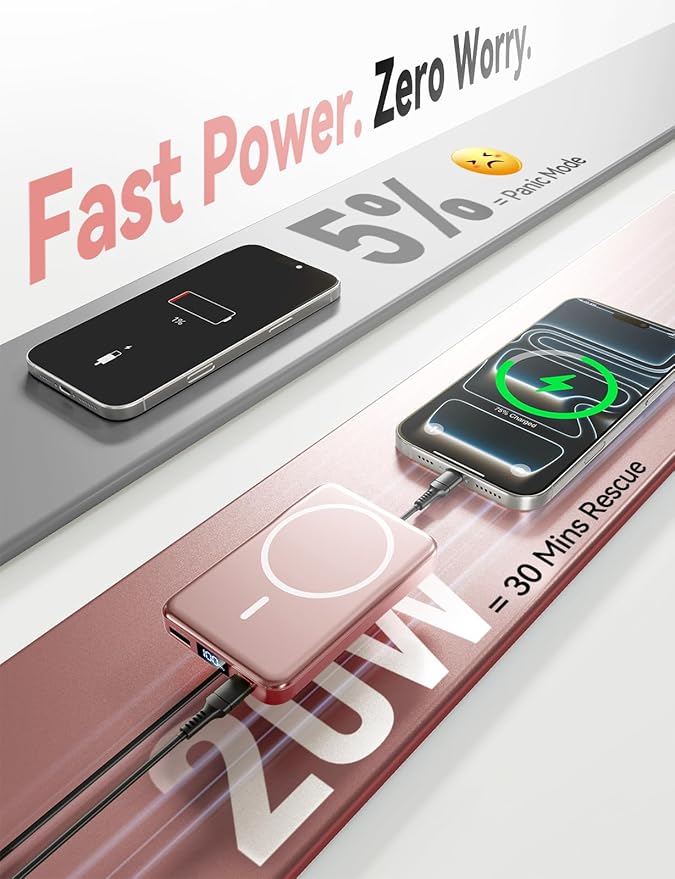 Aobbow Magnetic Portable Charger, 10000mAh for Magsafe Battery Pack, 20W Fast Charging Power Bank, Travel Essential of Wireless Charger Compatible with iPhone 17/16/15/14/13 Pro/Max/Air/Plus-Rosegold