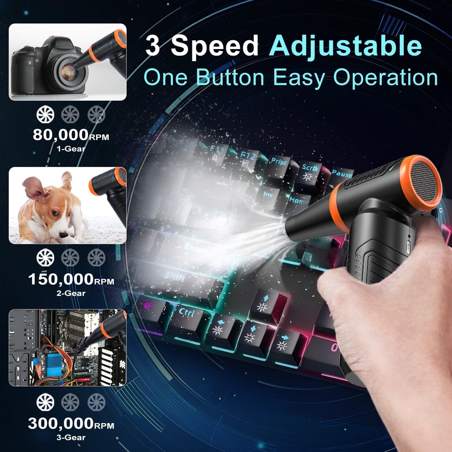 Compressed Air Duster, 300,000RPM Powerful Electric Air Duster, No Canned Air Duster-Replace Compressed Air, 3 Gear Adjustable High-Speed Air Blower for Office, Home,Car, Computer, Keyboard