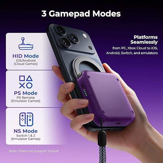 abxylute M4 Snap-On Mobile Gaming Controller for Android & iPhone, Switch 1&2, Portable Bluetooth Mini Controller, Pocket-Sized Retro Emulator Gamepad w/Stand, Dual Joystick Turbo Pro Gaming, Magnetic (Purple)