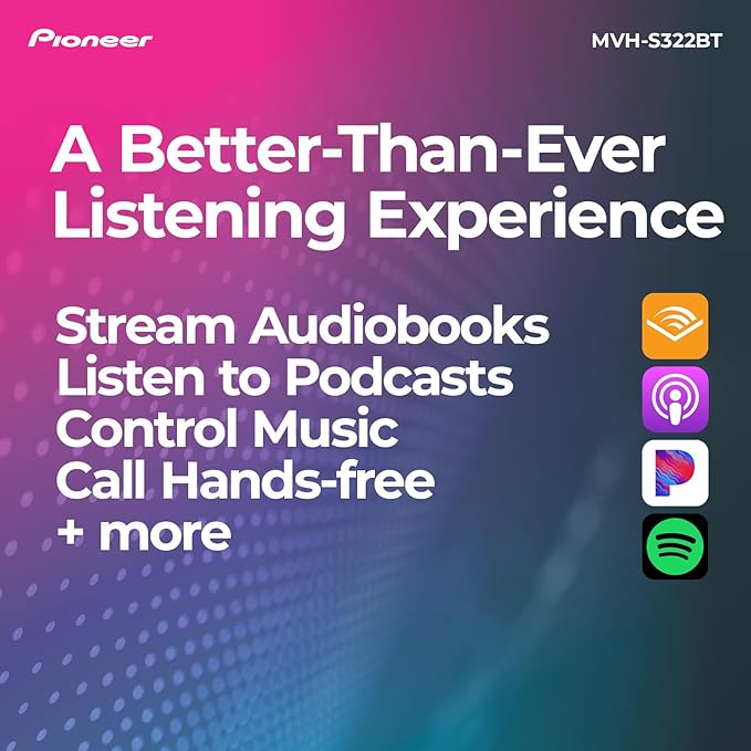 Pioneer MVH-S322BT 1-Din Digital Media Receiver – Bluetooth, USB, Color Change, FLAC, Voice Control, 50W x 4 Output, 13-Band EQ, AM/FM Radio, iPhone/Android Compatible, Front, Rear/SW Selectable RCA