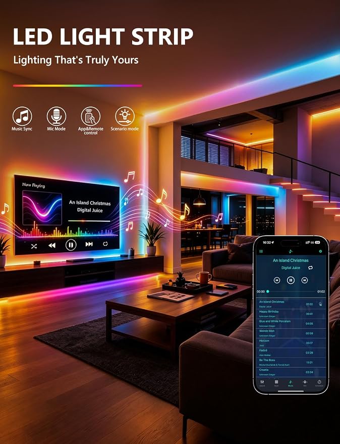 MFWW 32.8FT Strip Lights, Smart IC RGB LED Lights Multiple Colors on One Line, App+Remote Control, Timing, Multimodal, Music Sync, Color Changing Lights for Bedroom, Party Home Decor