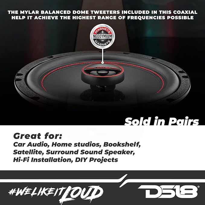 DS18 GEN-X6.5 Coaxial Speaker - 6.5", 3-Way, 165W Max, 50W RMS, Black Paper Cone, Two Mylar Dome Tweeters, 4 Ohms - Clarity Unparalled by Other Speakers in Their Class (2 Speakers)