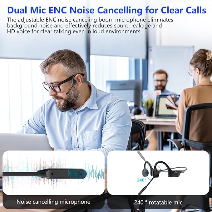 Meetings Open-Ear Headphones with Rotatable Noise-Canceling Boom Mic, Bone Conduction Bluetooth 5.4 Headphones with One-Touch Mute&Magnetic Charging for All-Day Use,Perfect for Driving Learning(Black)