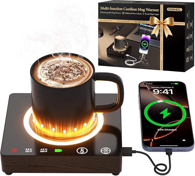 Mug Warmer, Cordless 180 Min Battery Life, 10000mAh Portable Charger, Wireless Coffee Cup Warmer for Desk, 3 Temp Settings, Smart Candle Heat Plate for Home, Office, Travel, Camping & Gifts