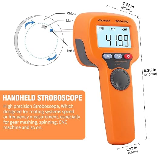 Digital Handheld Stroboscope, Digital Stroboscope 60-49999 FPM Non Contact Strobe Tachometer High Accuracy 0.001% Rechargeable LED Flash Strobe Tachometer for HVAC Motor Printing Spinning-DT50D