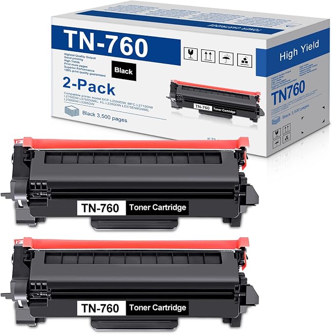 TN760 High-Yield Black Toner Cartridge Twin Pack, TN760 2PK, Replacement for Brother TN-760 TN-730 Toner for HL-L2350DW L2395DW L2390DW L2370DW MFC-L2750DW MFC-L2710DW DCP-L2550DW Printer…
