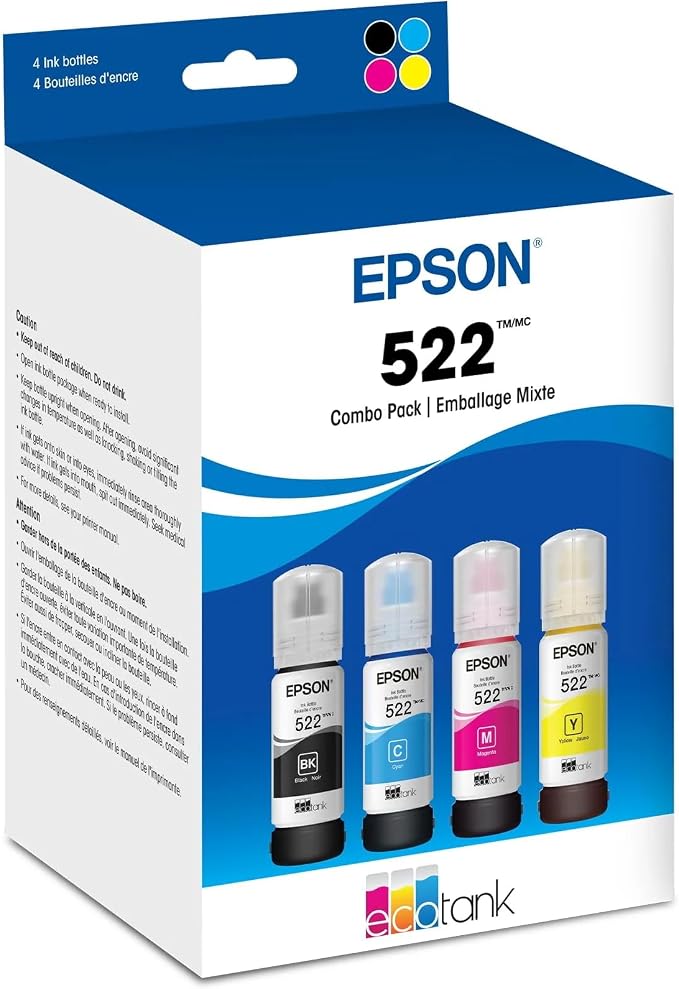 Epson 522 EcoTank Ink Ultra-high Capacity Bottle Black & Color Combo Pack (T522120-BCS) Works with ET-2720, 2800, 2803, 2840, 4700, 4800, 4810