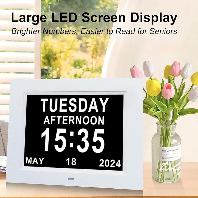 TMC 8 Inch Digital Dementia Clock for Seniors, Large Calendar with Day Date & Week Display, 5 Alarms + 3 Medicine Reminders, Plays SD Card Video, Wall Mountable, Detachable Stand (White, SD)