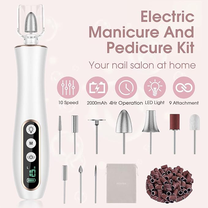 Hoxida Cordless Electric Nail Drill: 10-Speed Professional Nail File with 360° LED Light for Manicure Shaping & Gel Removal, Nail Art Practice Essentials,Home DIY & Portable Travel Use