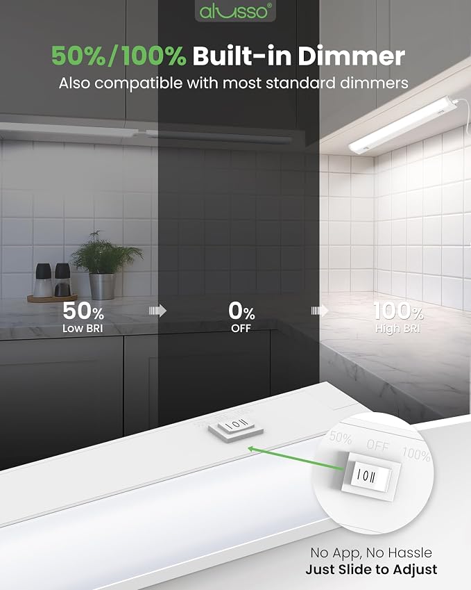ALUSSO 12 Inch LED Under Cabinet Lighting Plug in 120V, 5CCT Color Selectable 2700K-5000K Dimmable 6W 480LM High Brightness, CRI 90+ Strip Linkable Under Counter Lights for Kitchen Sink, 1 Pack