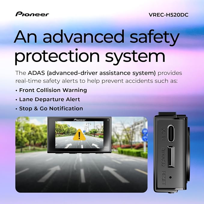 Pioneer VREC-H520DC Dual Dash Cam Front and Rear Car Camera - Large Screen, 2K Resolution, Starvis Night Vision, 140 Degree Wide Lens, ADAS Safety Alerts, Built In GPS, Impact Detection, 24/7 Coverage