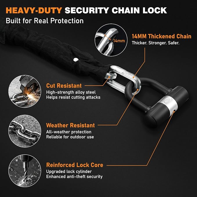 Heavy Duty Motorcycle Chain Lock, 14mm Hardened Steel Anti Theft Bike Lock Chain with U Lock & 4 Keys, 3.9FT Cut Resistant Security Lock for Motorcycle, E-Bike, Scooter, Bicycle, Gate - Silver