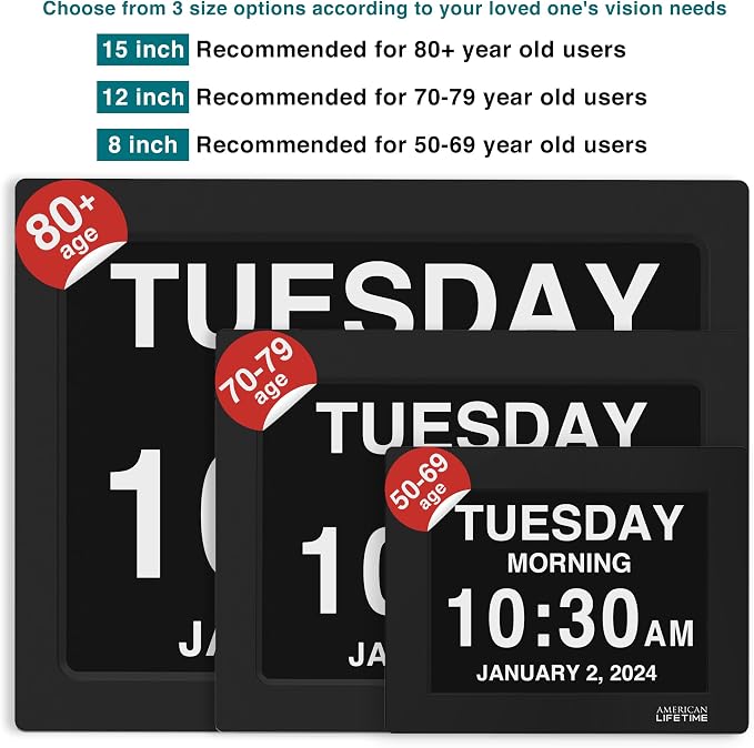 American Lifetime New 2026 Dementia Clock Large Digital Clock for Seniors, Alzeimer Clock Large Display with Custom Alarms, Clock with Day & Date for Elderly, Digital Calendar Black, 15 Inch