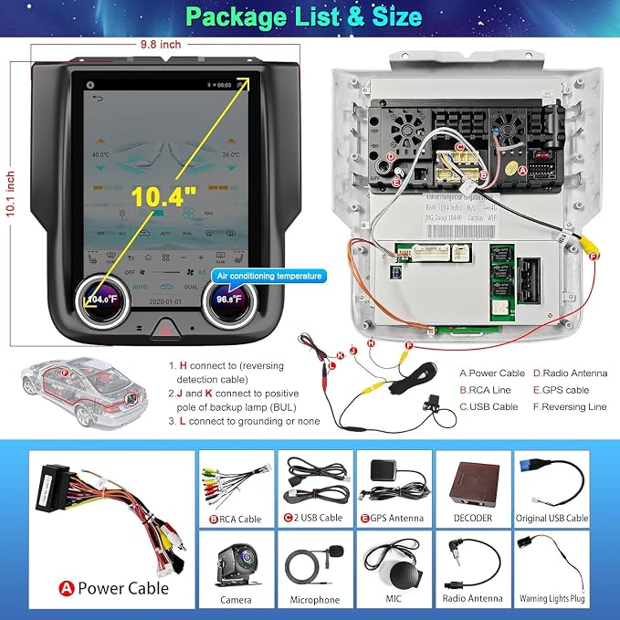 for Dodge Ram 1500/2500/3500 Auto AC Android 13 Car Radio 8-core, 10.4 Inch IPS Touch Screen Car Stereo with Wireless Carplay/Android Auto,GPS, WiFi, Bluetooth, FM, DVR